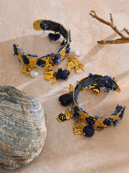 Blue denim acrylic pearl bird heart cuff bracelet - product image