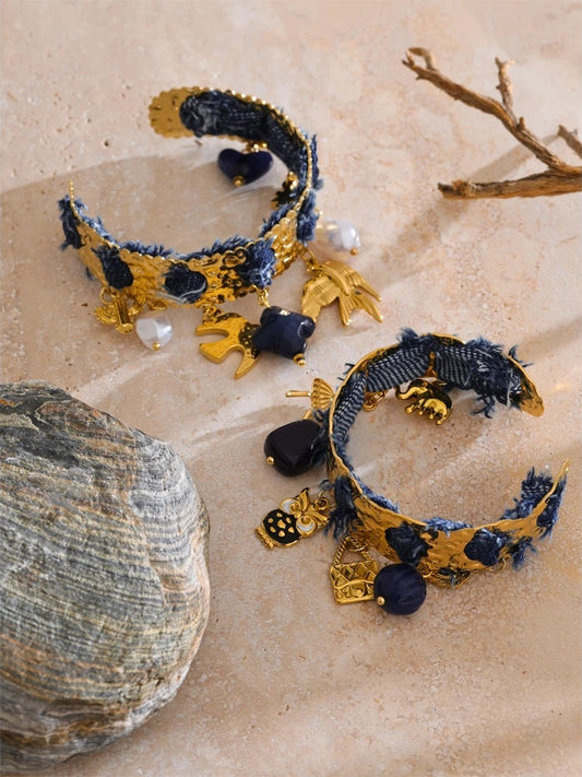 Blue denim acrylic pearl bird heart cuff bracelet - product image