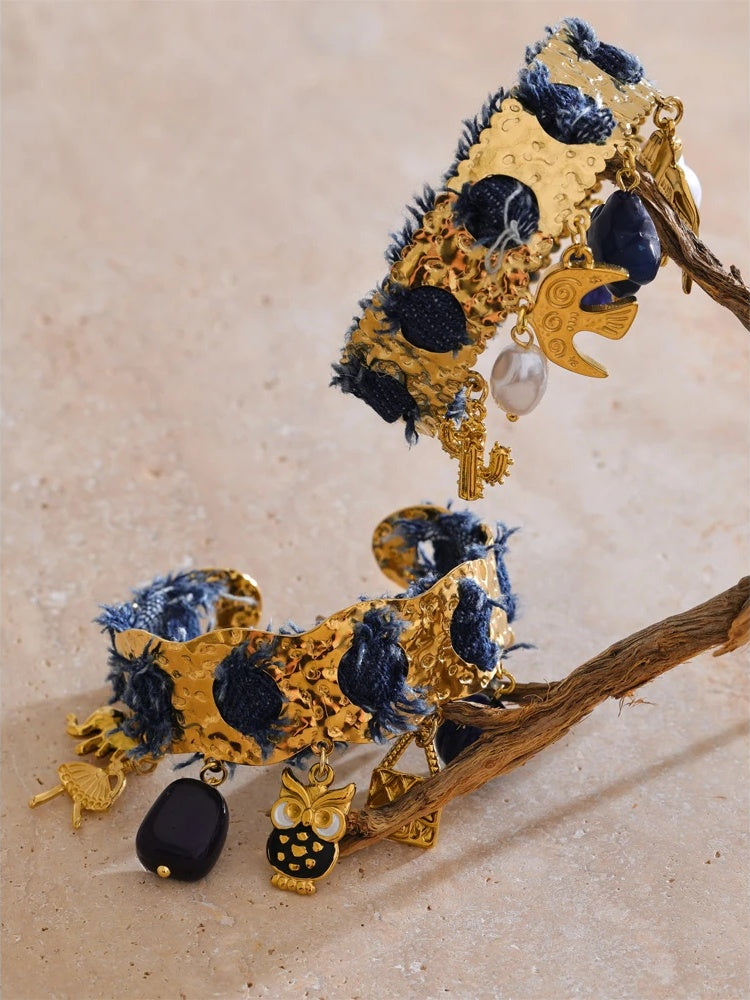 Blue denim acrylic pearl bird heart cuff bracelet - product image