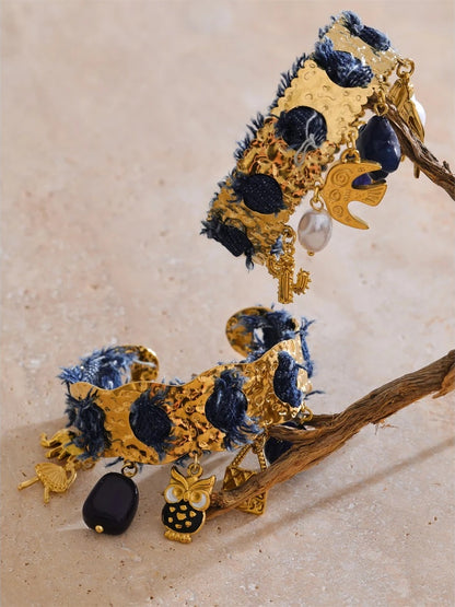 Blue denim acrylic pearl bird heart cuff bracelet - product image