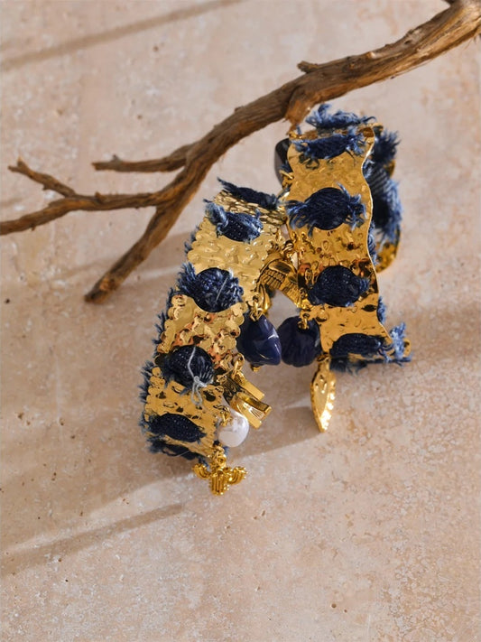 Blue denim acrylic pearl bird heart cuff bracelet - product image