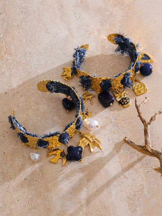 Blue denim acrylic pearl bird heart cuff bracelet - product image