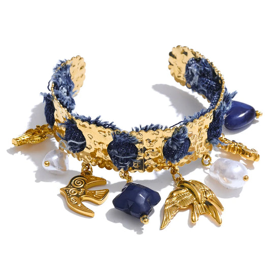 Blue denim acrylic pearl bird heart cuff bracelet - product image