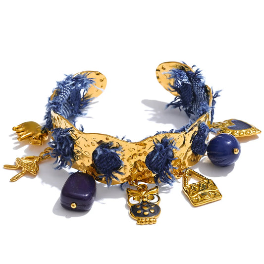 Blue denim acrylic pearl bird heart cuff bracelet - product image