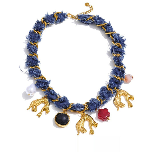 Blue denim chain pearl acrylic flower pendant necklace - product image