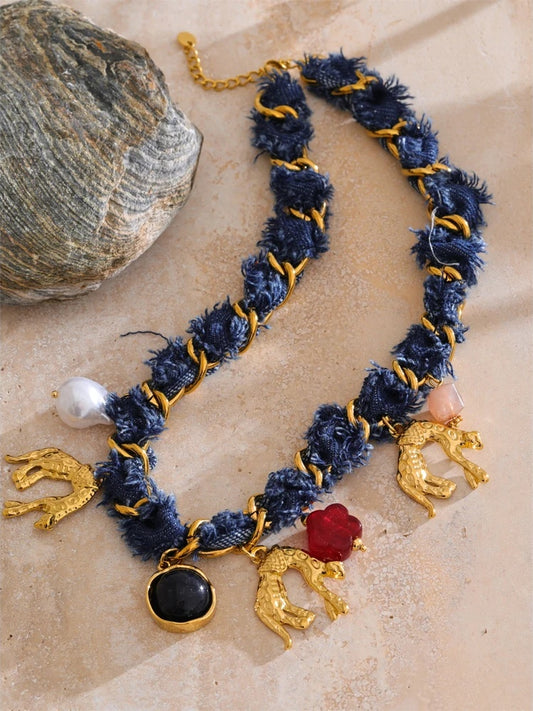 Blue denim chain pearl acrylic flower pendant necklace - product image