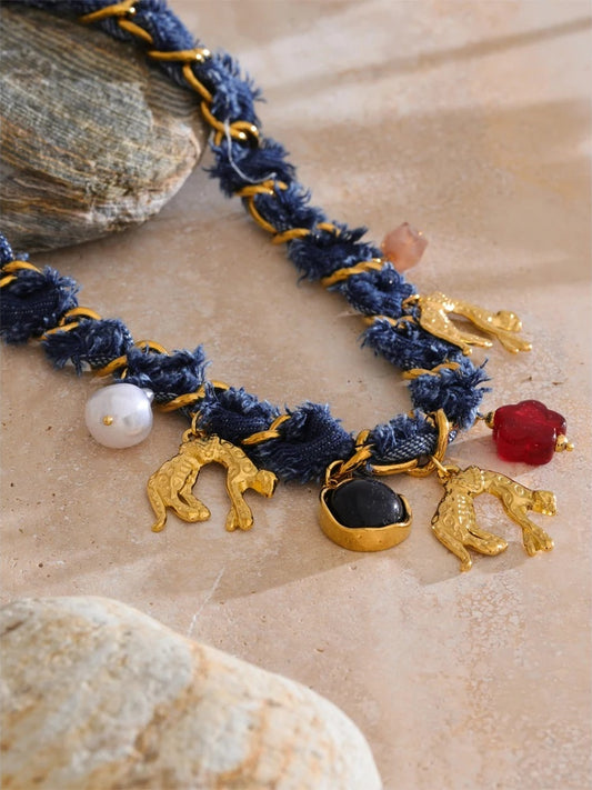 Blue denim chain pearl acrylic flower pendant necklace - product image