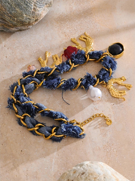 Blue denim chain pearl acrylic flower pendant necklace - product image