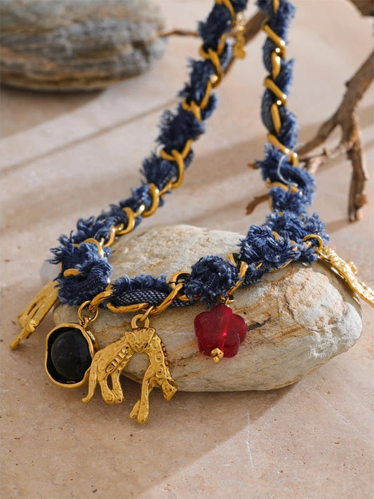 Blue denim chain pearl acrylic flower pendant necklace - product image
