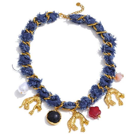Blue denim chain pearl acrylic flower pendant necklace - product image