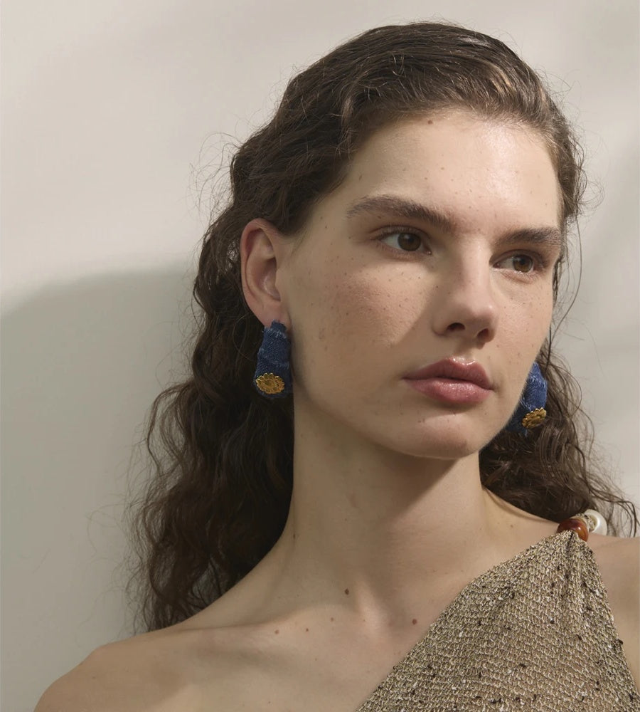 Blue denim flower c shape hoop earrings - product image