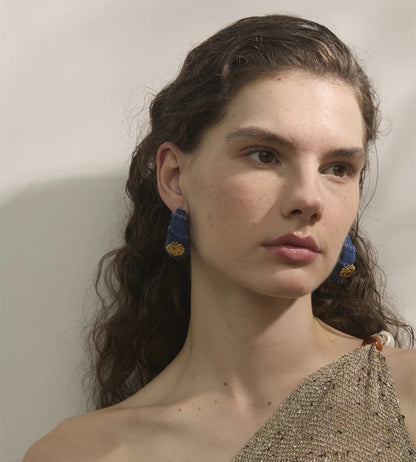 Blue denim flower c shape hoop earrings - product image