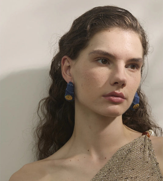 Blue denim flower c shape hoop earrings - product image