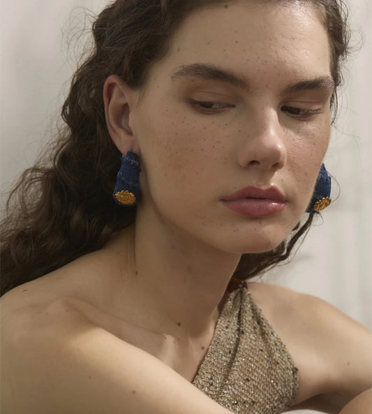 Blue denim flower c shape hoop earrings - product image