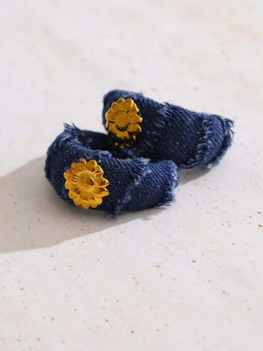 Blue denim flower c shape hoop earrings - product image