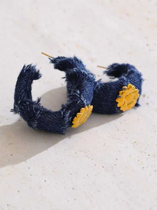 Blue denim flower c shape hoop earrings - product image