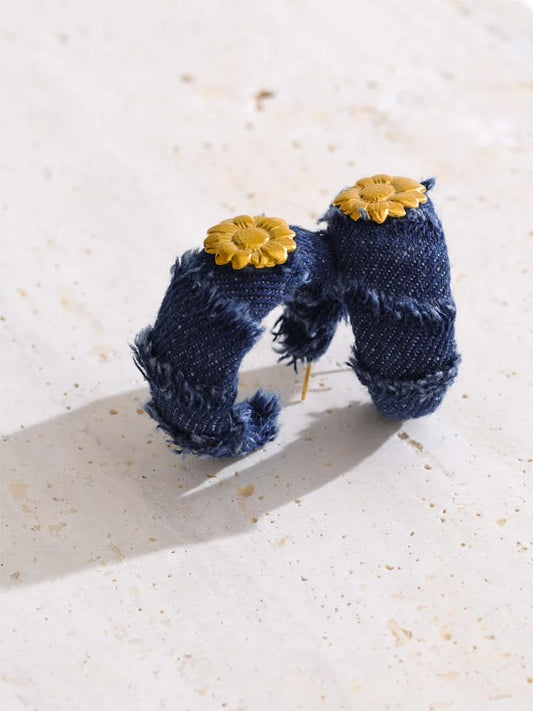 Blue denim flower c shape hoop earrings - product image