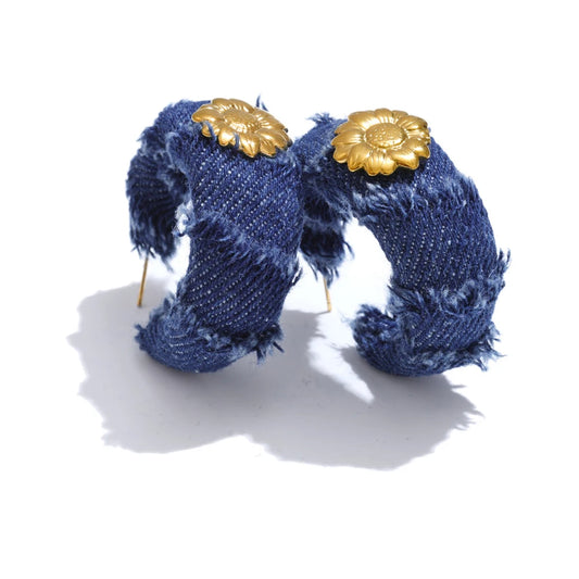 Blue denim flower c shape hoop earrings - product image
