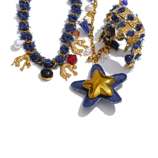 Blue denim heart star animal necklace bracelet set - product image