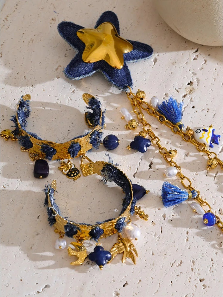 Blue denim heart star animal necklace bracelet set - product image