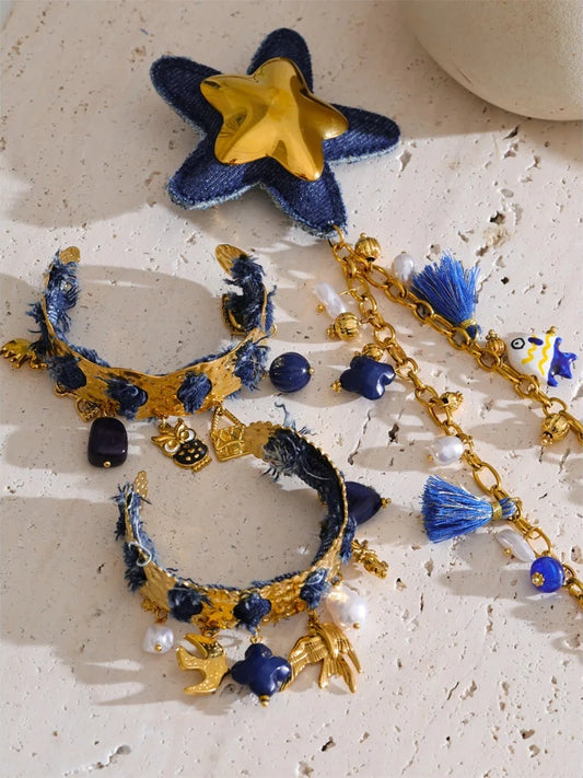 Blue denim heart star animal necklace bracelet set - product image