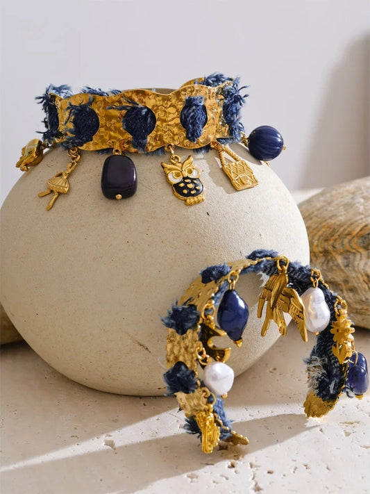 Blue denim heart star animal necklace bracelet set - product image