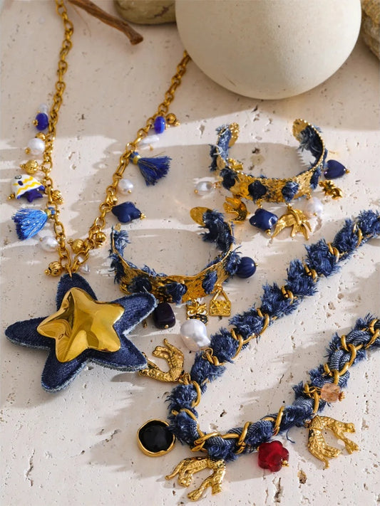 Blue denim heart star animal necklace bracelet set - product image