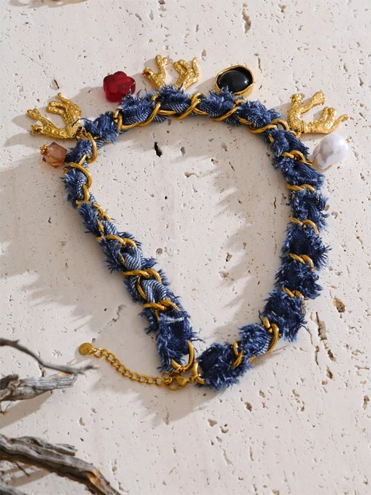 Blue denim heart star animal necklace bracelet set - product image