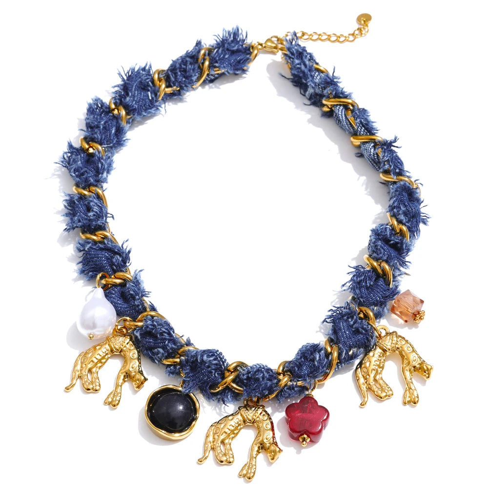 Blue denim heart star animal necklace bracelet set - product image