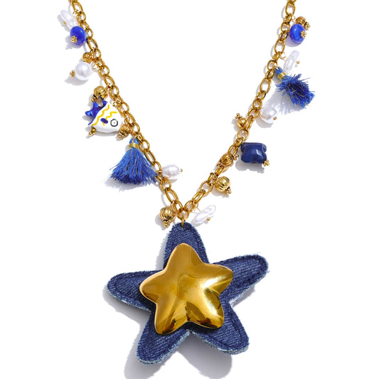 Blue denim heart star animal necklace bracelet set - product image