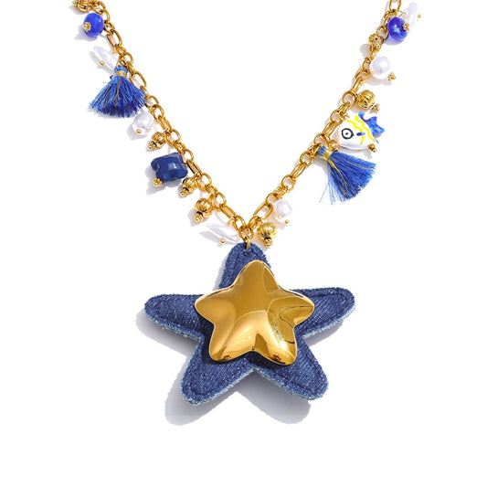 Blue denim pearl star pendant necklace women's fashion - product image