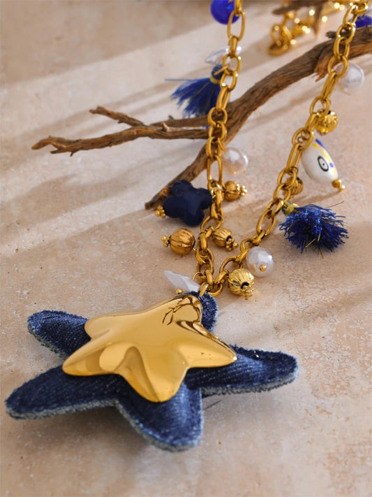 Blue denim pearl star pendant necklace women's fashion - product image