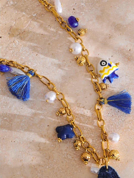 Blue denim pearl star pendant necklace women's fashion - product image