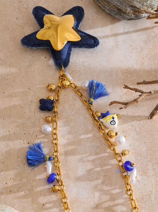 Blue denim pearl star pendant necklace women's fashion - product image