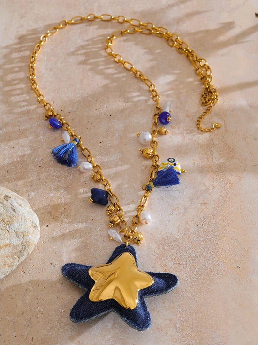 Blue denim pearl star pendant necklace women's fashion - product image