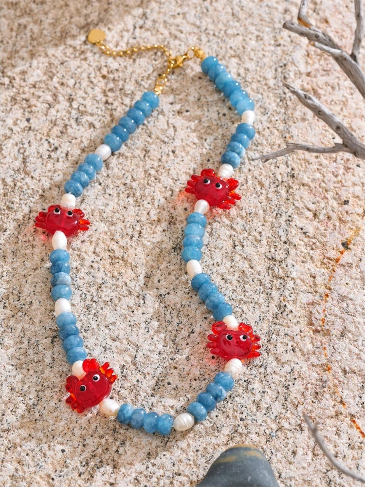 Blue natural stone freshwater pearl necklace - product image