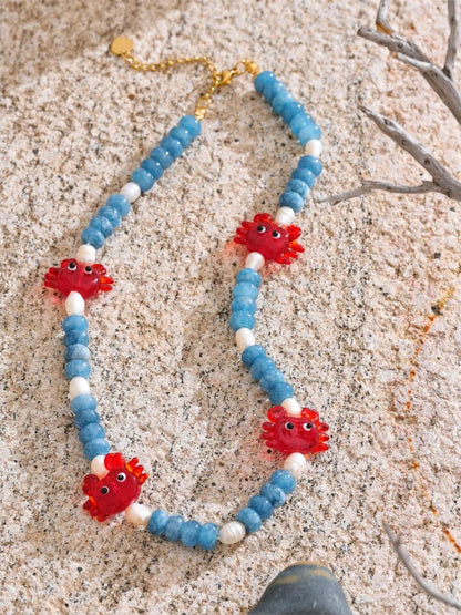 Blue natural stone freshwater pearl necklace - product image