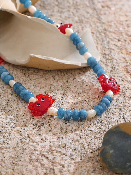 Blue natural stone freshwater pearl necklace - product image