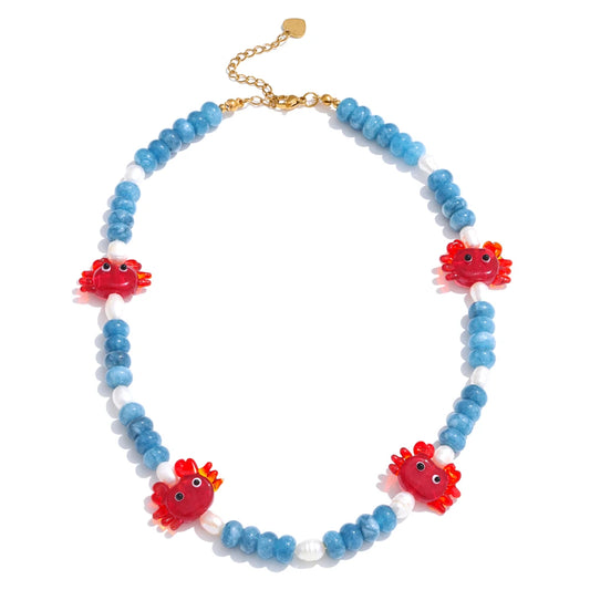 Blue natural stone freshwater pearl necklace - product image
