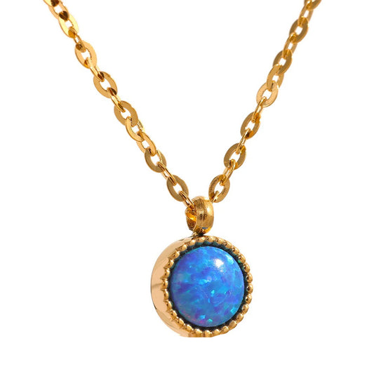Blue opal natural stone round pendant necklace - product image