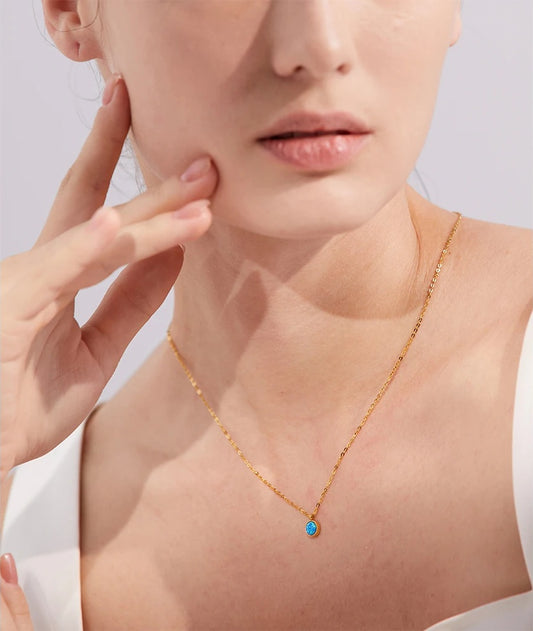 Blue opal natural stone round pendant necklace - product image