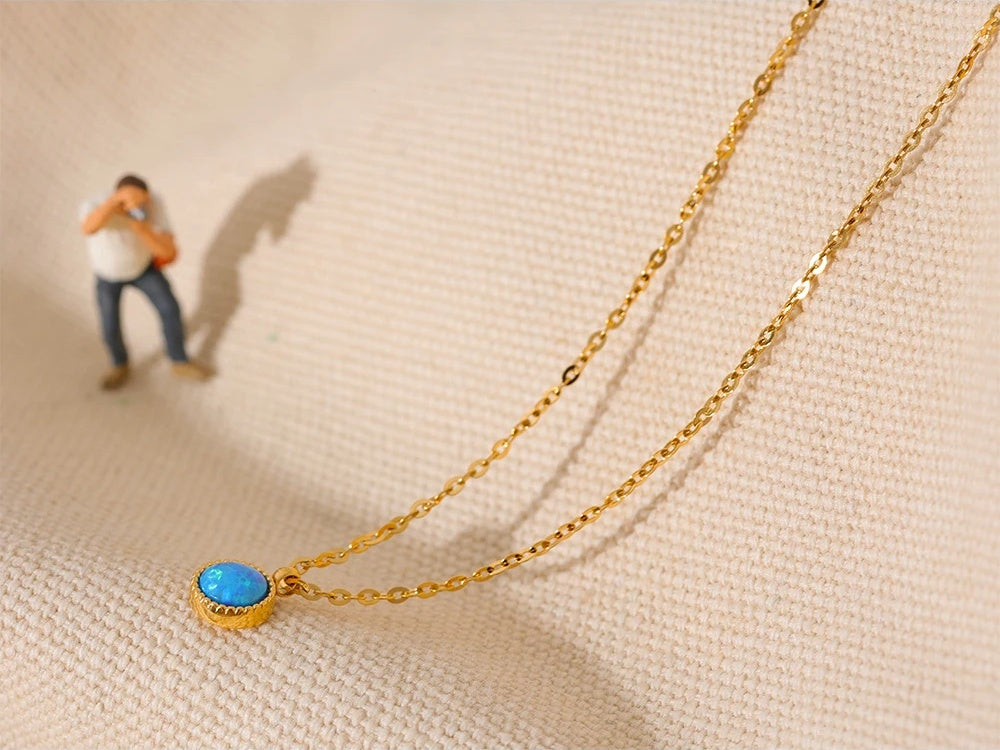 Blue opal natural stone round pendant necklace - product image