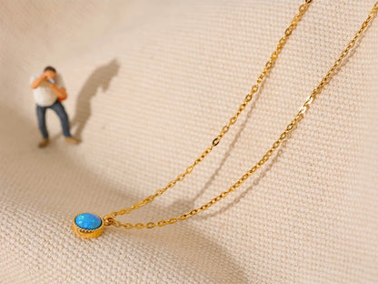 Blue opal natural stone round pendant necklace - product image