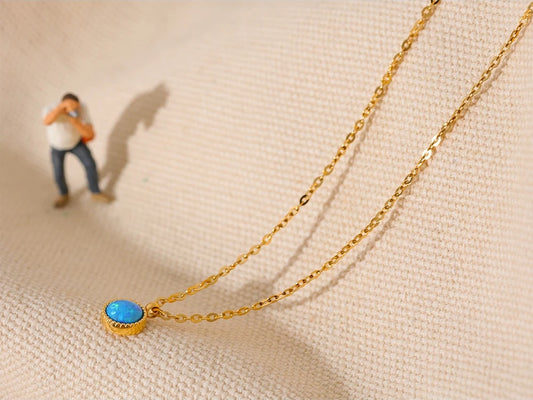 Blue opal natural stone round pendant necklace - product image