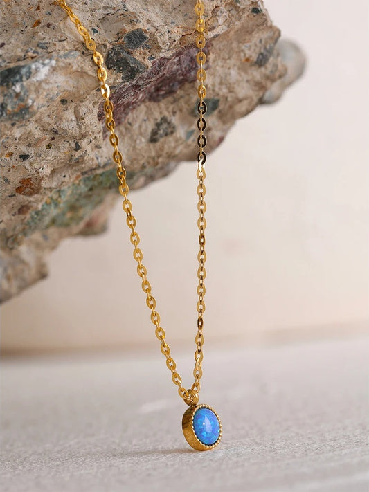 Blue opal natural stone round pendant necklace - product image