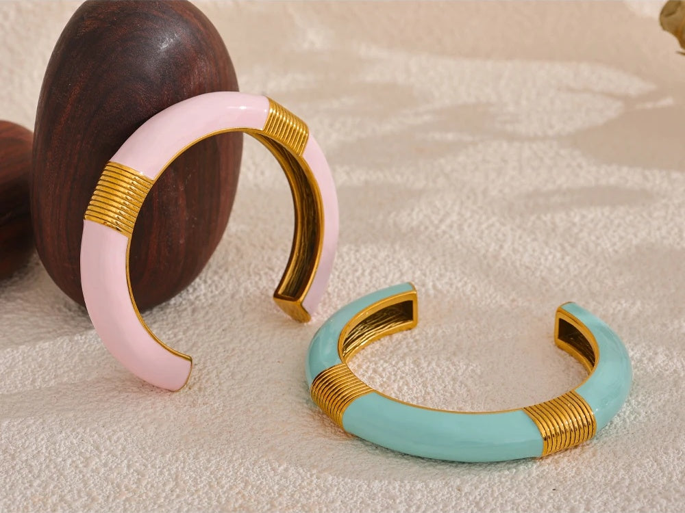 Blue pink enamel open cuff gold color women bracelet - product image