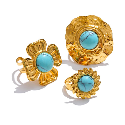 Blue turquoise flower sun adjustable ring - product image