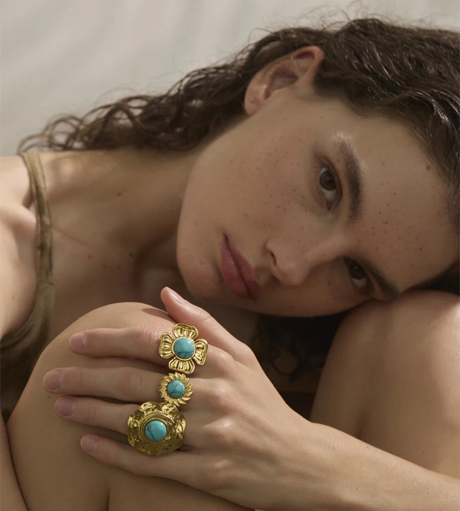 Blue turquoise flower sun adjustable ring - product image