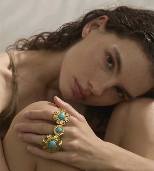 Blue turquoise flower sun adjustable ring - product image