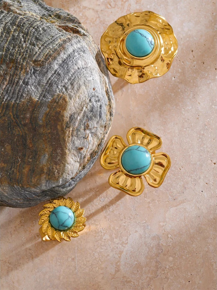 Blue turquoise flower sun adjustable ring - product image